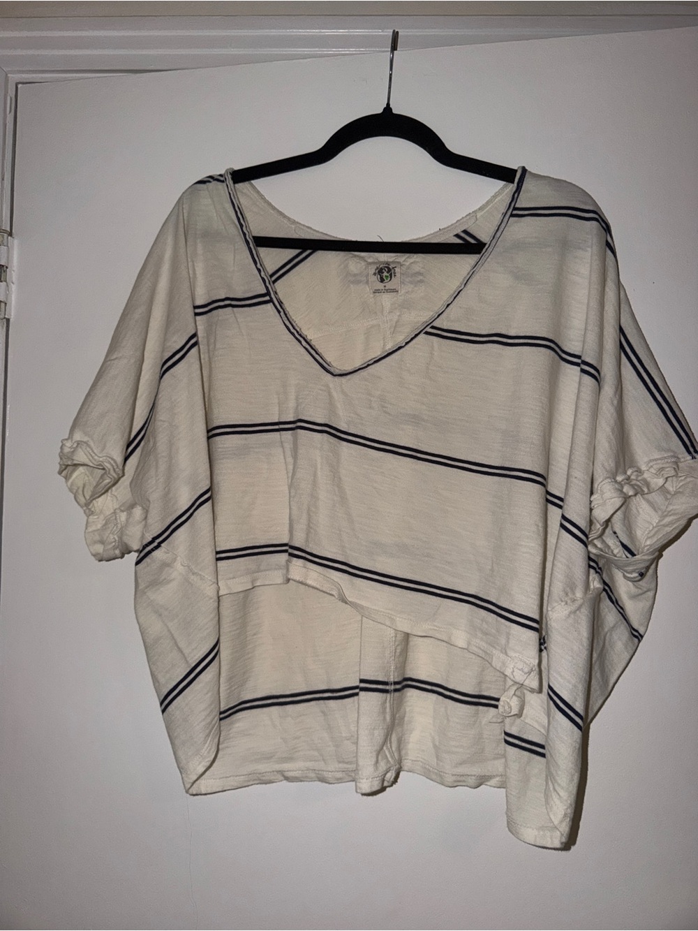 We The Free Cream V-Neck Boxy Top with Navy Stripes
